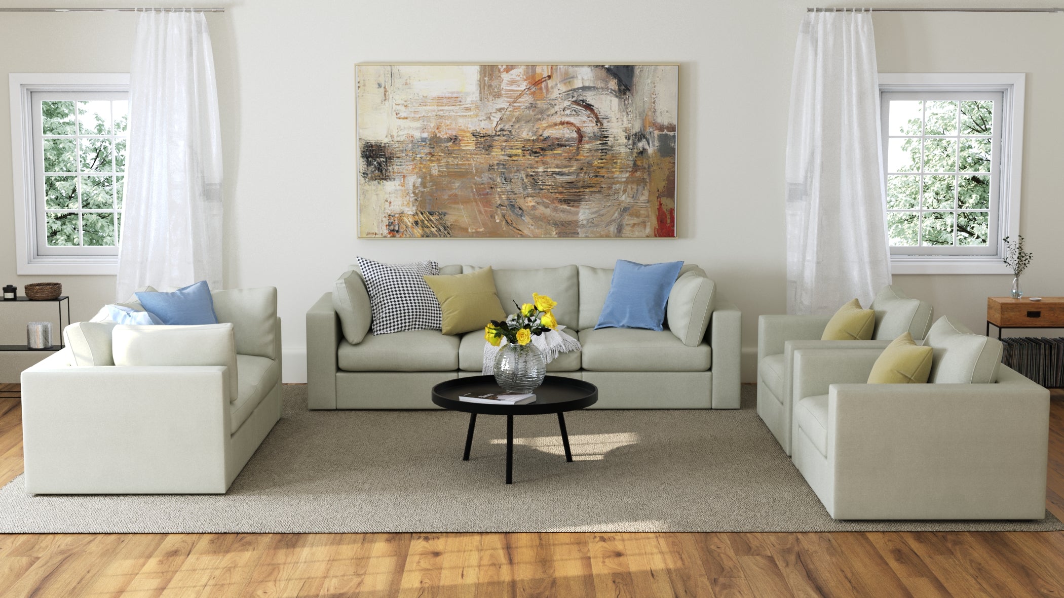 Bennet Pearl Cream 3-Seat Sofa Set with Loveseat & Chairs